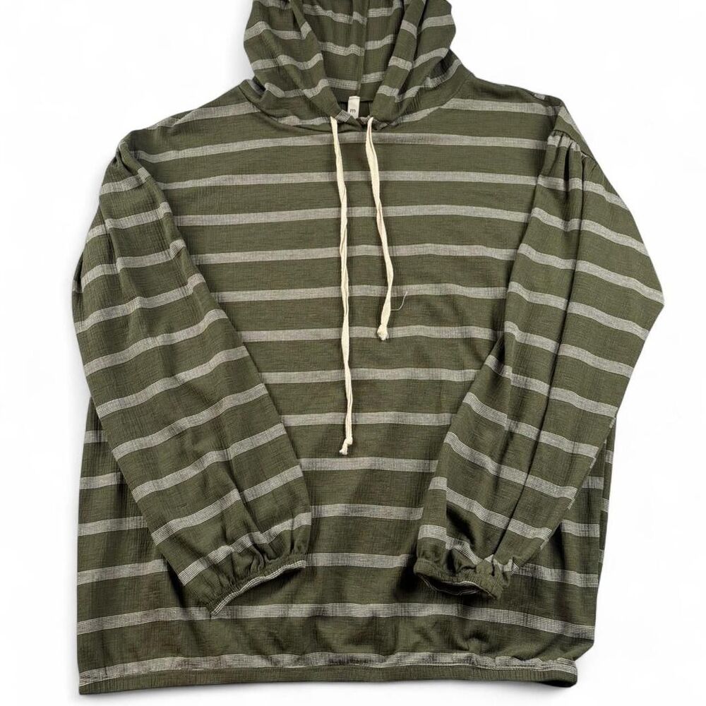 Women’s Green & White Striped Lightweight Hoodie Size Medium Hippie Style